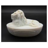 British Lion Milk Glass Covered Dish