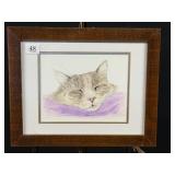 Watercolor Painting of Sleeping Cat Signed D Rico
