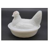Milk Glass Hen on Nest Dish with Cracks