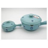 Two Blue Ceramic Covered Pots