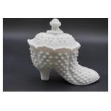 White Hobnail Glass Shoe with Lid