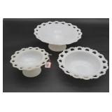 Three Milk Glass Open Lace Dishes