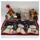 Christmas Decor Lot with Snowman and Pillow