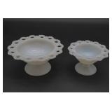 2 White Glass Pedestal Bowls w/Open Lace Edges
