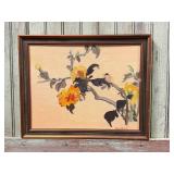 Framed Floral and Bird Painting