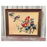 Framed Painting of Bird on Branch with Flowers