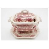 Red Transferware Tureen with Plate and Lid
