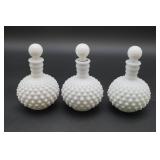 Three White Hobnail Glass Decanters