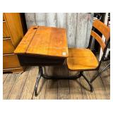 Vintage Wooden School Desk With Metal Frame