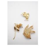 Monet (3) Gold Tone Brooches - Flower, Feathers,