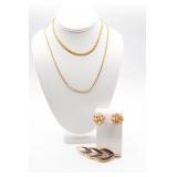 Trifari (2) Gold Tone Necklaces, Enamel Brooch and