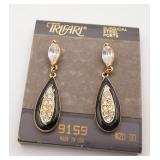 Trifari Gold Tone and Black Enamel Drop Earrings
