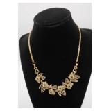 Gold Tone Rhinestone Flower and Leaf