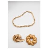 Trifari Necklace & Two Brooches Gold Tone