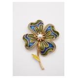 ART Blue and Green Flower Brooch - as found