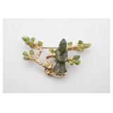Vintage Chinese Inspired Brooch Carved Green Jade