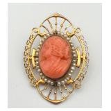 Antique Victorian 10KT Gold Filigree Coral Cameo