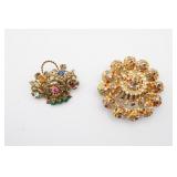 Vintage Floral Basket Brooch & Multi Colored