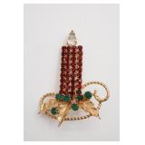 Hobe Christmas Holly Rhinestone Candle Brooch