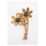 Gold Tone and Blue Stone Flower Brooch