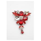Ruby Red Floral Style Rhinestone Brooch