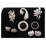 Trifari (5) Silver Tone Brooches and (2) Pair of