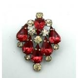 Signed Czech Rhinestone Red & Clear Brooch