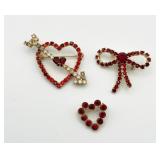 (3) Red Heart & Bow Pins/Brooches