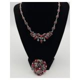 Red Rhinestone Floral Brooch & Necklace