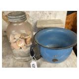 Jar of Seashells & Enamel Bowl