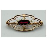 10kt YG Marquise Red Stone Filigree Brooch