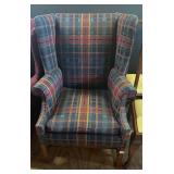 Wing Back Chair with Plaid Upholstery