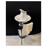 Enamel Pitcher & Bowl Set w/Metal Stand