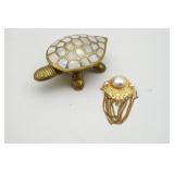 Brass Turtle Trinket Box w/Mother Of Pear Shell &