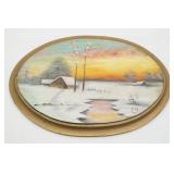 Oval Snow Scene Painted on Wood Signed PM
