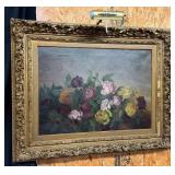 Antique Rose Oil Painting Framed w/Art Lamp