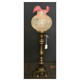 Antique Victorian Banquet Lamp w/Etched Shade