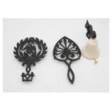 (2) Vintage Cast Iron Trivets and Small Dinner Bel