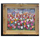 Colorful Field of Tulips Oil on Canvas Framed by