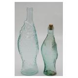 Pair Vintage Aqua Glass Fish Bottles