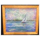 Sailboat & Coastal Lighthouse Oil on Canvas by