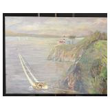 Coastal Lighthouse & Sailboat Painting on Canvas