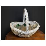 White Basket with Vintage Bottles