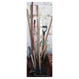 MISC. TOOLS, LEVEL, 3 SHOVELS, RAKE, LOPPERS &