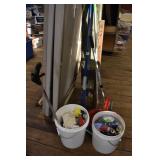 2 BUCKETS OF CLEANING SUPPLIES & 2 MOPS