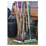 OUTDOOR TOOL LOT, RAKE, PICK AX, PITCH FORK, BROOM