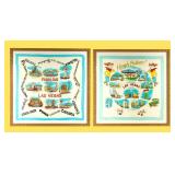 Lot of 2 Las Vegas Souvenir Scarves Framed