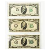 Currency (3) Early Federal Reserve $10 Notes