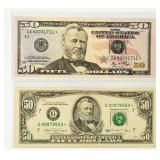 Currency (2) $50 Federal Reserve Notes Star Notes