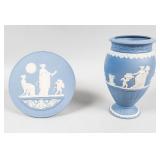 Blue Wedgwood Jasperware Pedestal Vase & Plate